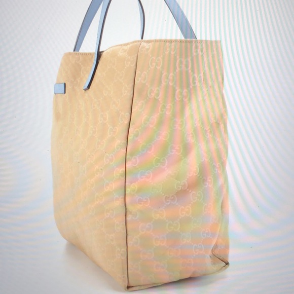 #0212 Gucci GG Beige Canvas & Baby Blue Leather Tote - Picture 4 of 11